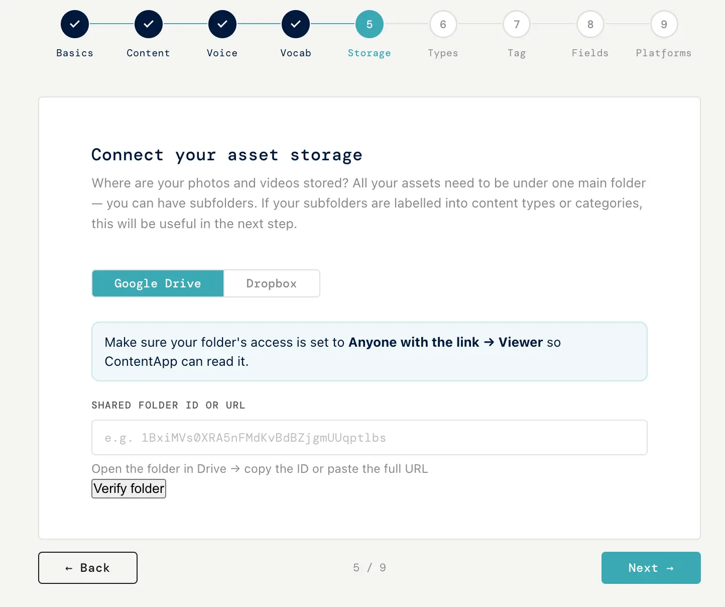 The connect-your-library screen with Google Drive and Dropbox options and a read-only note