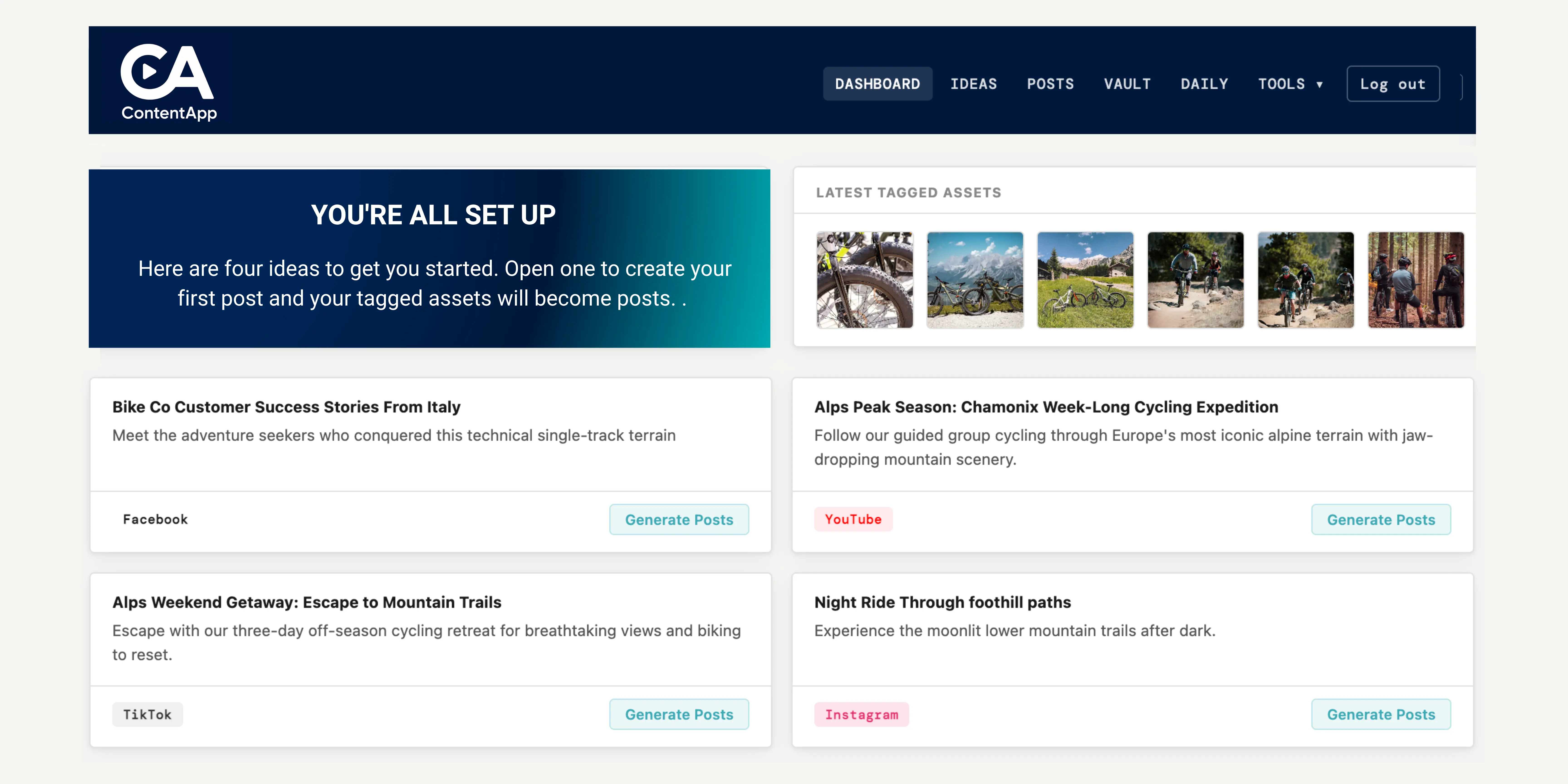 The ContentApp dashboard after setup, with a welcome bar and four starter ideas