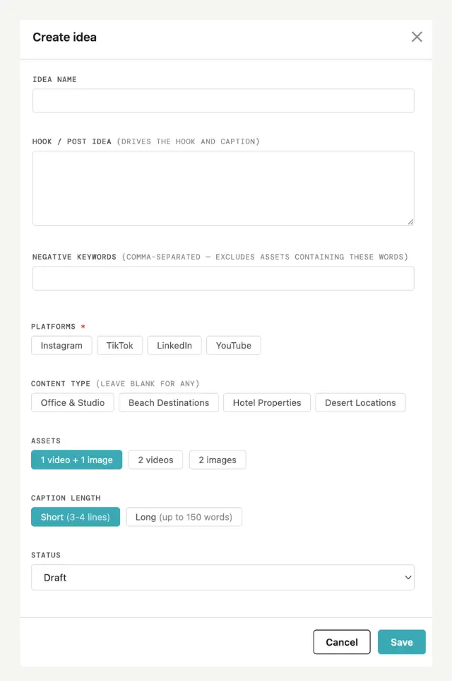 The idea form with a hook typed in, content type, caption length and negative keywords