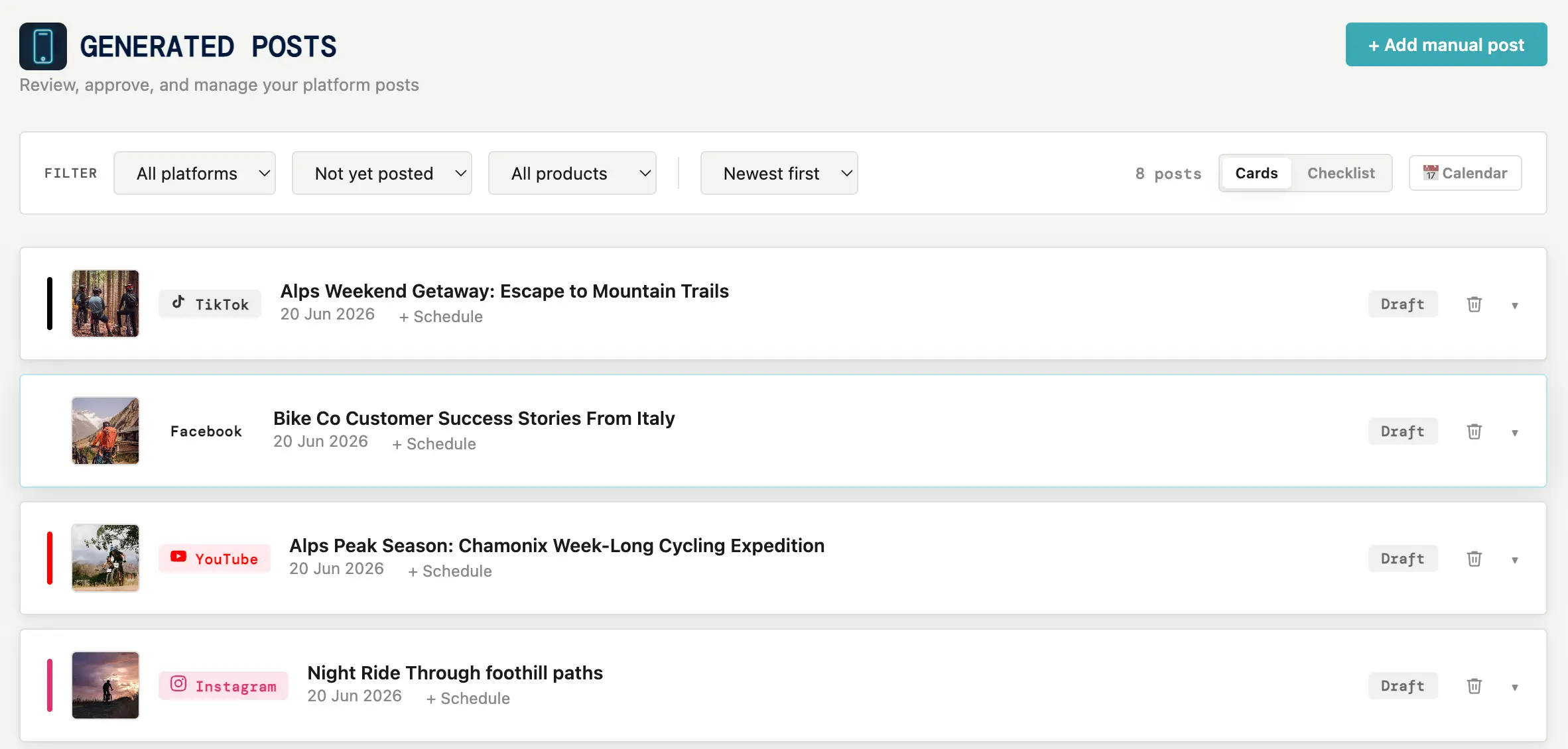 The Posts board showing four generated posts, one per platform, with approve and schedule controls