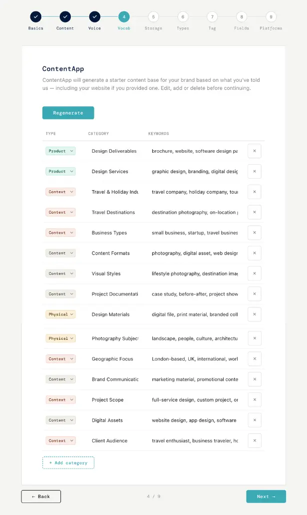 Your vocabulary, shown as editable categories of words drafted for you