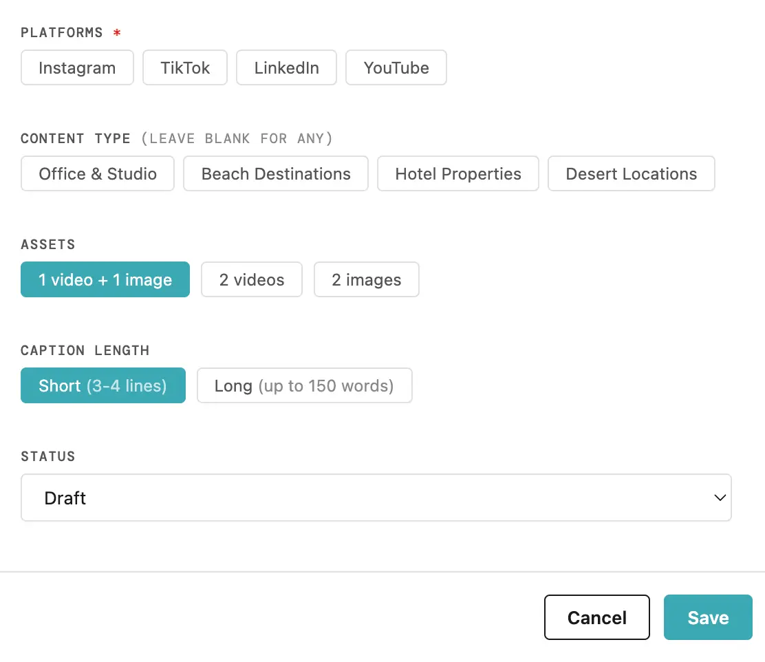 The idea filters: content type, setting, season, person and product